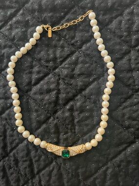 Vintage Signed VENDOME Faux Pearl & Emerald Rhinestone Choker Necklace